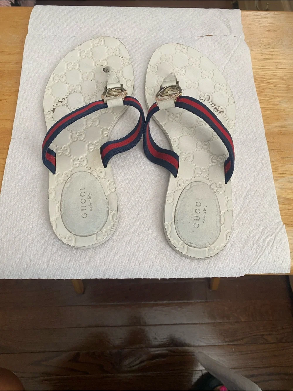 Gucci White Sandal with Red and Blue Web Stripe and Gold Hardware